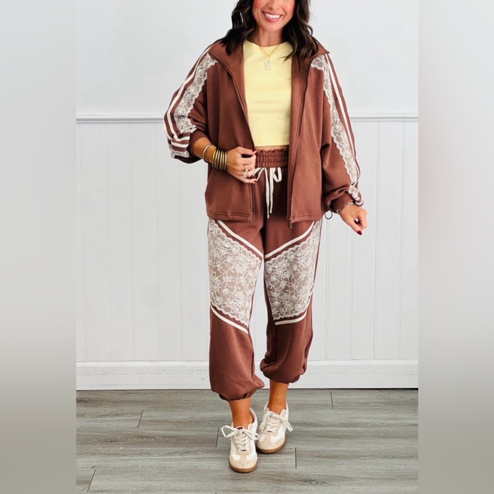 Mocha brown Lace-Panel Jogger Pants Set by Davi & Dani
